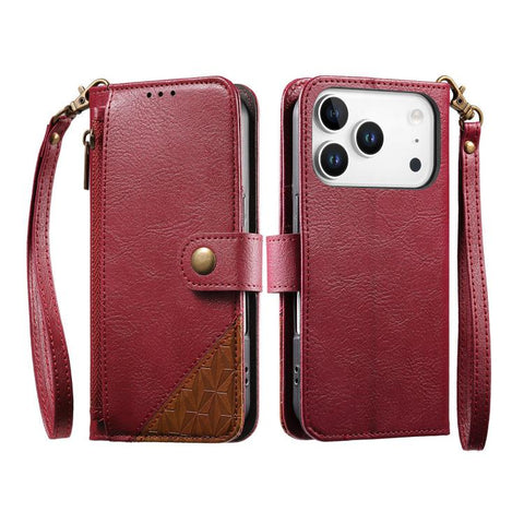 Splicing Zipper Wallet Vegan Leather Phone Case with Strap, For iPhone 18 Pro / 17 Pro, For iPhone 18 Pro Max / 17 Pro Max, For iPhone 17, For iPhone Air, For iPhone 16 Pro Max, For iPhone 16 Pro, For iPhone 16 Plus, For iPhone 16