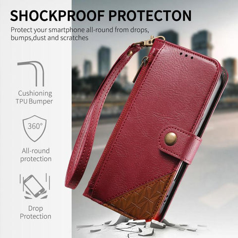 Splicing Zipper Wallet Vegan Leather Phone Case with Strap, For iPhone 18 Pro / 17 Pro, For iPhone 18 Pro Max / 17 Pro Max, For iPhone 17, For iPhone Air, For iPhone 16 Pro Max, For iPhone 16 Pro, For iPhone 16 Plus, For iPhone 16