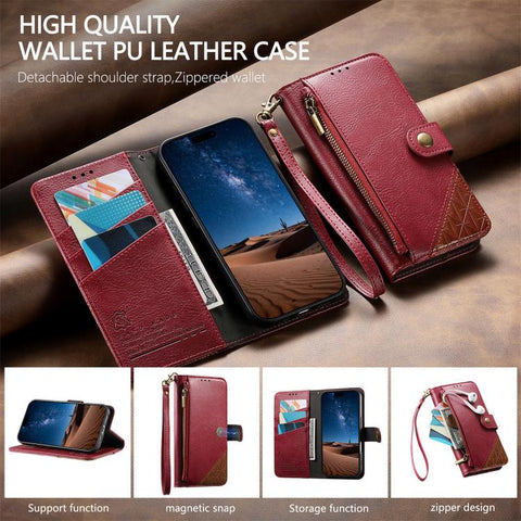 Splicing Zipper Wallet Vegan Leather Phone Case with Strap, For iPhone 18 Pro / 17 Pro, For iPhone 18 Pro Max / 17 Pro Max, For iPhone 17, For iPhone Air, For iPhone 16 Pro Max, For iPhone 16 Pro, For iPhone 16 Plus, For iPhone 16