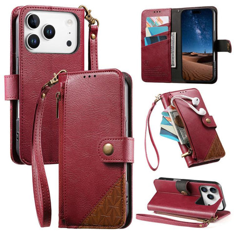 Splicing Zipper Wallet Vegan Leather Phone Case with Strap, For iPhone 18 Pro / 17 Pro, For iPhone 18 Pro Max / 17 Pro Max, For iPhone 17, For iPhone Air, For iPhone 16 Pro Max, For iPhone 16 Pro, For iPhone 16 Plus, For iPhone 16