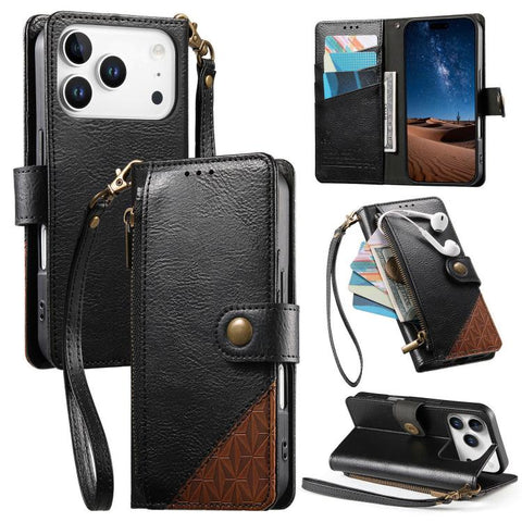 Splicing Zipper Wallet Vegan Leather Phone Case with Strap, For iPhone 18 Pro / 17 Pro, For iPhone 18 Pro Max / 17 Pro Max, For iPhone 17, For iPhone Air, For iPhone 16 Pro Max, For iPhone 16 Pro, For iPhone 16 Plus, For iPhone 16
