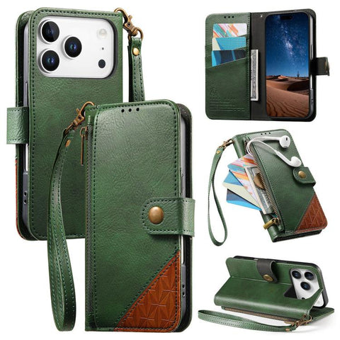 Splicing Zipper Wallet Vegan Leather Phone Case with Strap, For iPhone 18 Pro / 17 Pro, For iPhone 18 Pro Max / 17 Pro Max, For iPhone 17, For iPhone Air, For iPhone 16 Pro Max, For iPhone 16 Pro, For iPhone 16 Plus, For iPhone 16