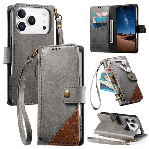 Splicing Zipper Wallet Vegan Leather Phone Case with Strap, For iPhone 18 Pro / 17 Pro, For iPhone 18 Pro Max / 17 Pro Max, For iPhone 17, For iPhone Air, For iPhone 16 Pro Max, For iPhone 16 Pro, For iPhone 16 Plus, For iPhone 16