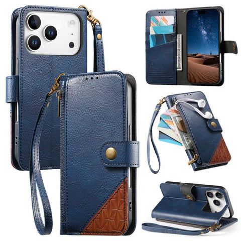 Splicing Zipper Wallet Vegan Leather Phone Case with Strap, For iPhone 18 Pro / 17 Pro, For iPhone 18 Pro Max / 17 Pro Max, For iPhone 17, For iPhone Air, For iPhone 16 Pro Max, For iPhone 16 Pro, For iPhone 16 Plus, For iPhone 16