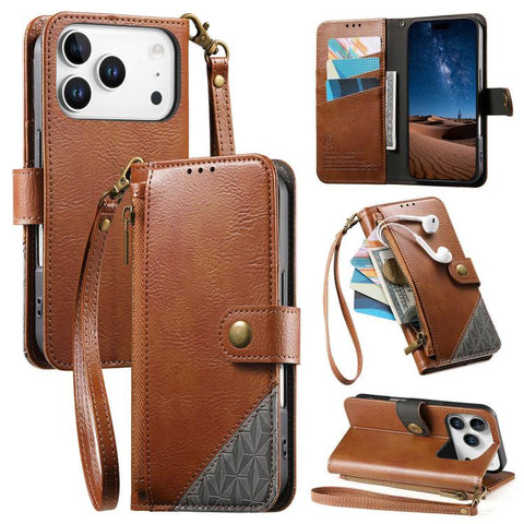Splicing Zipper Wallet Vegan Leather Phone Case with Strap, For iPhone 18 Pro / 17 Pro, For iPhone 18 Pro Max / 17 Pro Max, For iPhone 17, For iPhone Air, For iPhone 16 Pro Max, For iPhone 16 Pro, For iPhone 16 Plus, For iPhone 16