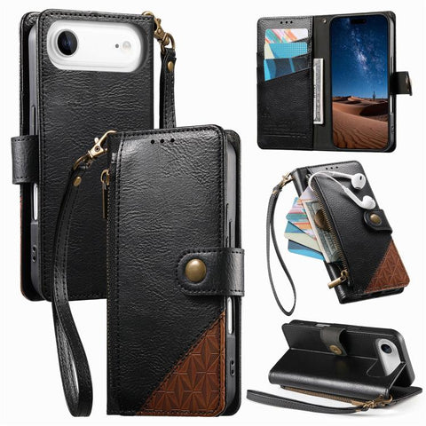 Splicing Zipper Wallet Vegan Leather Phone Case with Strap, For iPhone 18 Pro / 17 Pro, For iPhone 18 Pro Max / 17 Pro Max, For iPhone 17, For iPhone Air, For iPhone 16 Pro Max, For iPhone 16 Pro, For iPhone 16 Plus, For iPhone 16