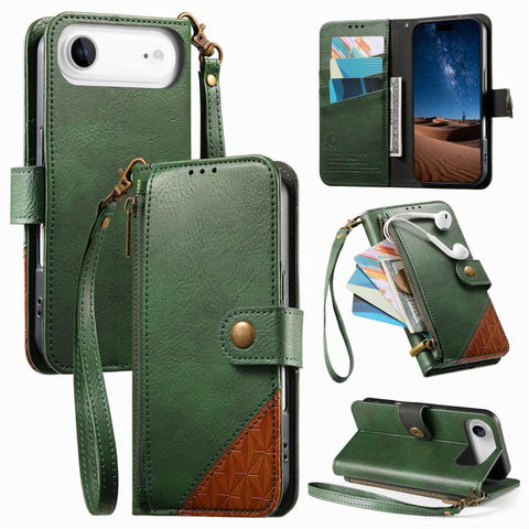 Splicing Zipper Wallet Vegan Leather Phone Case with Strap, For iPhone 18 Pro / 17 Pro, For iPhone 18 Pro Max / 17 Pro Max, For iPhone 17, For iPhone Air, For iPhone 16 Pro Max, For iPhone 16 Pro, For iPhone 16 Plus, For iPhone 16