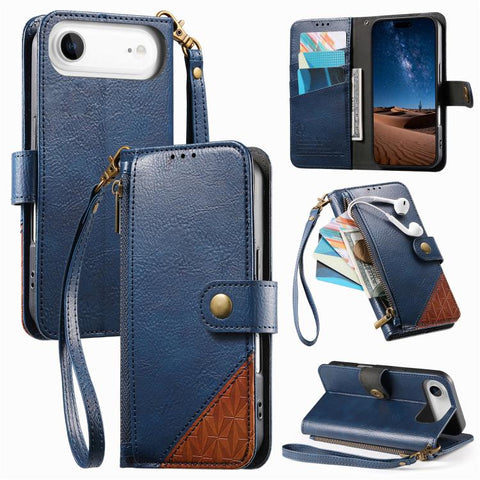 Splicing Zipper Wallet Vegan Leather Phone Case with Strap, For iPhone 18 Pro / 17 Pro, For iPhone 18 Pro Max / 17 Pro Max, For iPhone 17, For iPhone Air, For iPhone 16 Pro Max, For iPhone 16 Pro, For iPhone 16 Plus, For iPhone 16