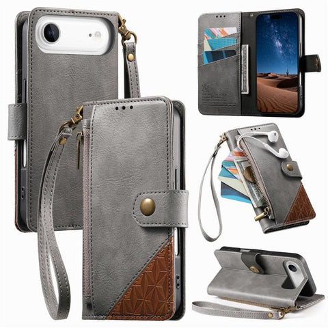 Splicing Zipper Wallet Vegan Leather Phone Case with Strap, For iPhone 18 Pro / 17 Pro, For iPhone 18 Pro Max / 17 Pro Max, For iPhone 17, For iPhone Air, For iPhone 16 Pro Max, For iPhone 16 Pro, For iPhone 16 Plus, For iPhone 16