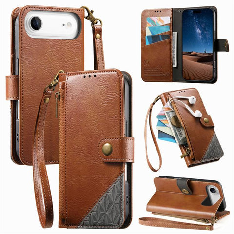Splicing Zipper Wallet Vegan Leather Phone Case with Strap, For iPhone 18 Pro / 17 Pro, For iPhone 18 Pro Max / 17 Pro Max, For iPhone 17, For iPhone Air, For iPhone 16 Pro Max, For iPhone 16 Pro, For iPhone 16 Plus, For iPhone 16