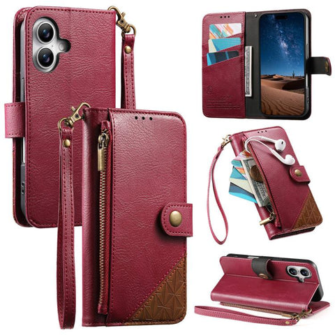 Splicing Zipper Wallet Vegan Leather Phone Case with Strap, For iPhone 18 Pro / 17 Pro, For iPhone 18 Pro Max / 17 Pro Max, For iPhone 17, For iPhone Air, For iPhone 16 Pro Max, For iPhone 16 Pro, For iPhone 16 Plus, For iPhone 16