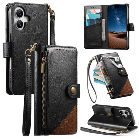 Splicing Zipper Wallet Vegan Leather Phone Case with Strap, For iPhone 18 Pro / 17 Pro, For iPhone 18 Pro Max / 17 Pro Max, For iPhone 17, For iPhone Air, For iPhone 16 Pro Max, For iPhone 16 Pro, For iPhone 16 Plus, For iPhone 16