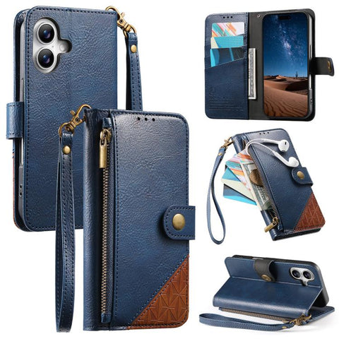Splicing Zipper Wallet Vegan Leather Phone Case with Strap, For iPhone 18 Pro / 17 Pro, For iPhone 18 Pro Max / 17 Pro Max, For iPhone 17, For iPhone Air, For iPhone 16 Pro Max, For iPhone 16 Pro, For iPhone 16 Plus, For iPhone 16