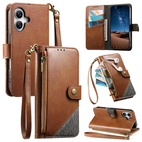 Splicing Zipper Wallet Vegan Leather Phone Case with Strap, For iPhone 18 Pro / 17 Pro, For iPhone 18 Pro Max / 17 Pro Max, For iPhone 17, For iPhone Air, For iPhone 16 Pro Max, For iPhone 16 Pro, For iPhone 16 Plus, For iPhone 16
