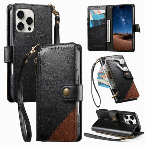 Splicing Zipper Wallet Vegan Leather Phone Case with Strap, For iPhone 18 Pro / 17 Pro, For iPhone 18 Pro Max / 17 Pro Max, For iPhone 17, For iPhone Air, For iPhone 16 Pro Max, For iPhone 16 Pro, For iPhone 16 Plus, For iPhone 16