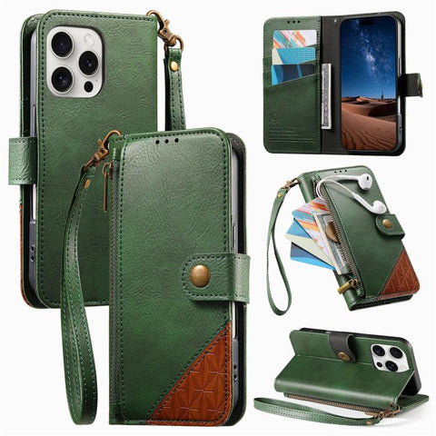 Splicing Zipper Wallet Vegan Leather Phone Case with Strap, For iPhone 18 Pro / 17 Pro, For iPhone 18 Pro Max / 17 Pro Max, For iPhone 17, For iPhone Air, For iPhone 16 Pro Max, For iPhone 16 Pro, For iPhone 16 Plus, For iPhone 16