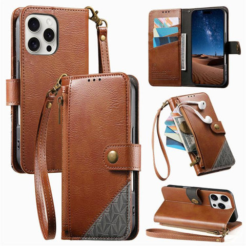 Splicing Zipper Wallet Vegan Leather Phone Case with Strap, For iPhone 18 Pro / 17 Pro, For iPhone 18 Pro Max / 17 Pro Max, For iPhone 17, For iPhone Air, For iPhone 16 Pro Max, For iPhone 16 Pro, For iPhone 16 Plus, For iPhone 16