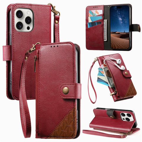 Splicing Zipper Wallet Vegan Leather Phone Case with Strap, For iPhone 18 Pro / 17 Pro, For iPhone 18 Pro Max / 17 Pro Max, For iPhone 17, For iPhone Air, For iPhone 16 Pro Max, For iPhone 16 Pro, For iPhone 16 Plus, For iPhone 16