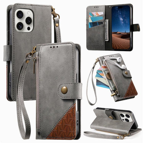 Splicing Zipper Wallet Vegan Leather Phone Case with Strap, For iPhone 18 Pro / 17 Pro, For iPhone 18 Pro Max / 17 Pro Max, For iPhone 17, For iPhone Air, For iPhone 16 Pro Max, For iPhone 16 Pro, For iPhone 16 Plus, For iPhone 16