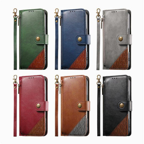 Splicing Zipper Wallet Vegan Leather Phone Case with Strap, For iPhone 18 Pro / 17 Pro, For iPhone 18 Pro Max / 17 Pro Max, For iPhone 17, For iPhone Air, For iPhone 16 Pro Max, For iPhone 16 Pro, For iPhone 16 Plus, For iPhone 16