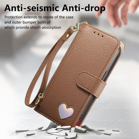 Fantasy Love Heart Zipper Wallet Vegan Leather Phone Case with Strap, For Samsung Galaxy S25 Ultra 5G