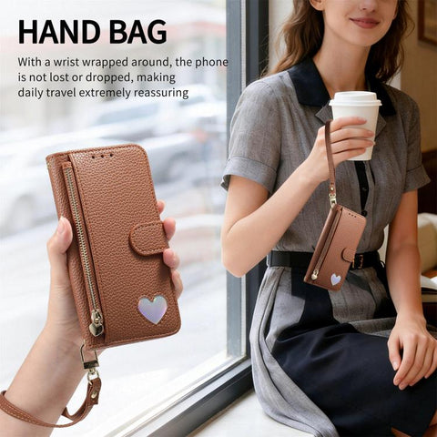 Fantasy Love Heart Zipper Wallet Vegan Leather Phone Case with Strap, For Samsung Galaxy S25 Ultra 5G