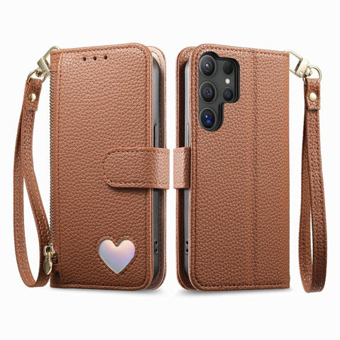 Fantasy Love Heart Zipper Wallet Vegan Leather Phone Case with Strap, For Samsung Galaxy S25 Ultra 5G