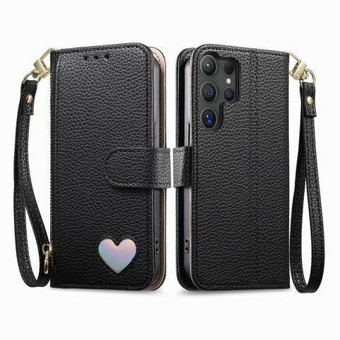 Fantasy Love Heart Zipper Wallet Vegan Leather Phone Case with Strap, For Samsung Galaxy S25 Ultra 5G