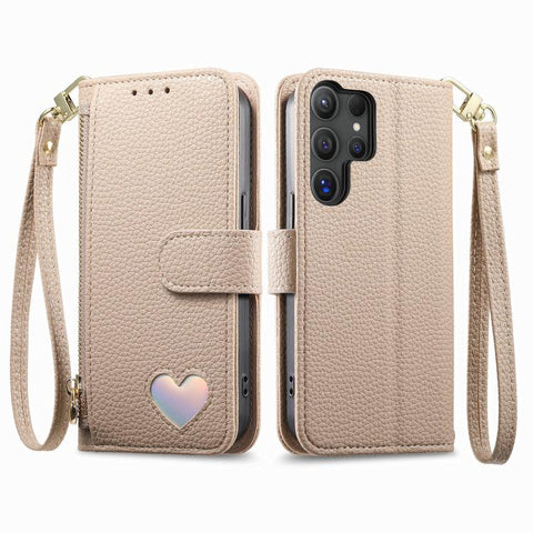 Fantasy Love Heart Zipper Wallet Vegan Leather Phone Case with Strap, For Samsung Galaxy S25 Ultra 5G