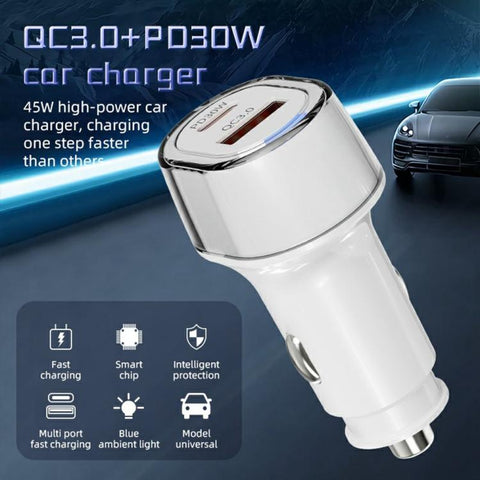 A6 USB and Type-C Dual Port Car Charger QC3.0 + PD 30W Fast Charger with Ambient Light, A6