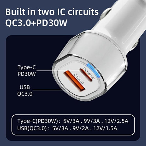 A6 USB and Type-C Dual Port Car Charger QC3.0 + PD 30W Fast Charger with Ambient Light, A6