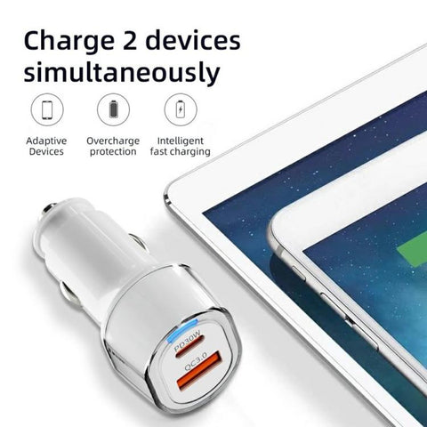 A6 USB and Type-C Dual Port Car Charger QC3.0 + PD 30W Fast Charger with Ambient Light, A6