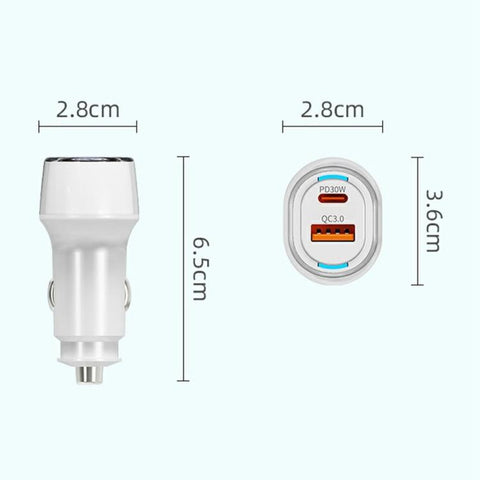 A6 USB and Type-C Dual Port Car Charger QC3.0 + PD 30W Fast Charger with Ambient Light, A6