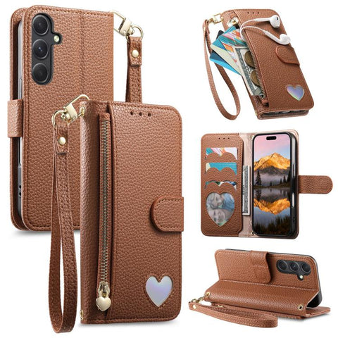 Fantasy Love Heart Zipper Wallet Vegan Leather Phone Case with Strap, For Samsung Galaxy A14, For Samsung Galaxy A13