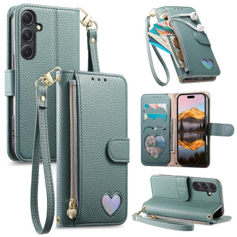 Fantasy Love Heart Zipper Wallet Vegan Leather Phone Case with Strap, For Samsung Galaxy A14, For Samsung Galaxy A13