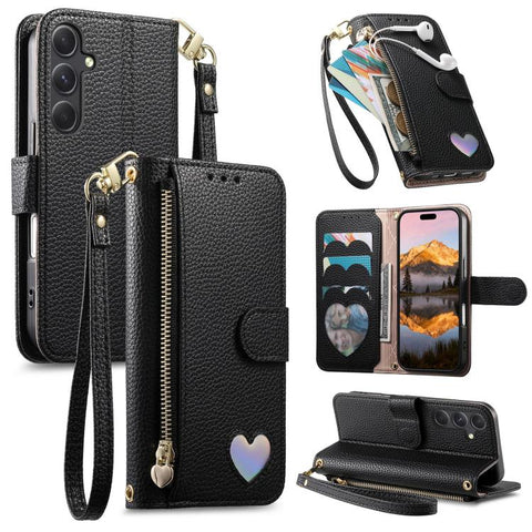 Fantasy Love Heart Zipper Wallet Vegan Leather Phone Case with Strap, For Samsung Galaxy A14, For Samsung Galaxy A13