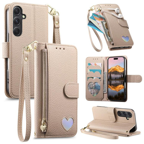 Fantasy Love Heart Zipper Wallet Vegan Leather Phone Case with Strap, For Samsung Galaxy A14, For Samsung Galaxy A13
