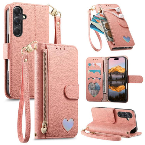 Fantasy Love Heart Zipper Wallet Vegan Leather Phone Case with Strap, For Samsung Galaxy A14, For Samsung Galaxy A13