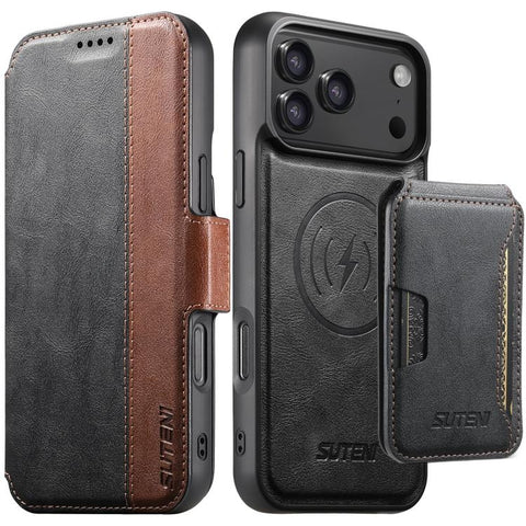 Suteni Q07S3 Left-Right Splicing Cowhide Pattern Flip Side Card Wallet Removable Magnetic Phone Case, For iPhone 18 Pro, For iPhone 18 Pro Max, For iPhone 17 Pro Max, For iPhone 17 Pro, For iPhone 17, For iPhone Air, For iPhone 16 Pro Max              ...