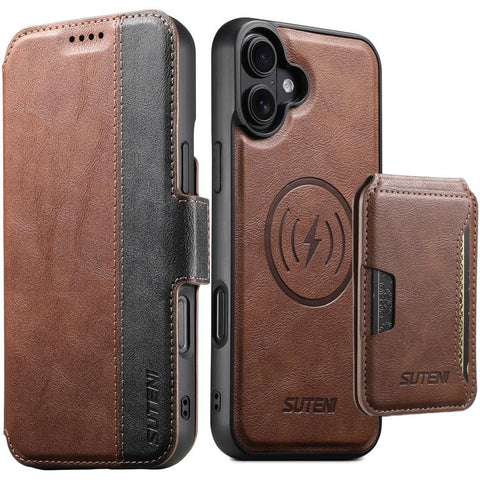 Suteni Q07S3 Left-Right Splicing Cowhide Pattern Flip Side Card Wallet Removable Magnetic Phone Case, For iPhone 18 Pro, For iPhone 18 Pro Max, For iPhone 17 Pro Max, For iPhone 17 Pro, For iPhone 17, For iPhone Air, For iPhone 16 Pro Max              ...
