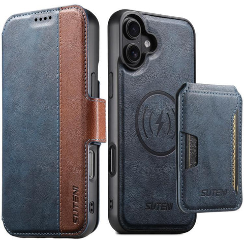 Suteni Q07S3 Left-Right Splicing Cowhide Pattern Flip Side Card Wallet Removable Magnetic Phone Case, For iPhone 18 Pro, For iPhone 18 Pro Max, For iPhone 17 Pro Max, For iPhone 17 Pro, For iPhone 17, For iPhone Air, For iPhone 16 Pro Max              ...
