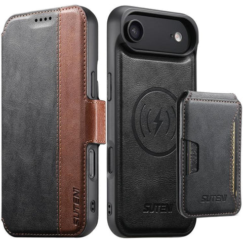 Suteni Q07S3 Left-Right Splicing Cowhide Pattern Flip Side Card Wallet Removable Magnetic Phone Case, For iPhone 18 Pro, For iPhone 18 Pro Max, For iPhone 17 Pro Max, For iPhone 17 Pro, For iPhone 17, For iPhone Air, For iPhone 16 Pro Max              ...