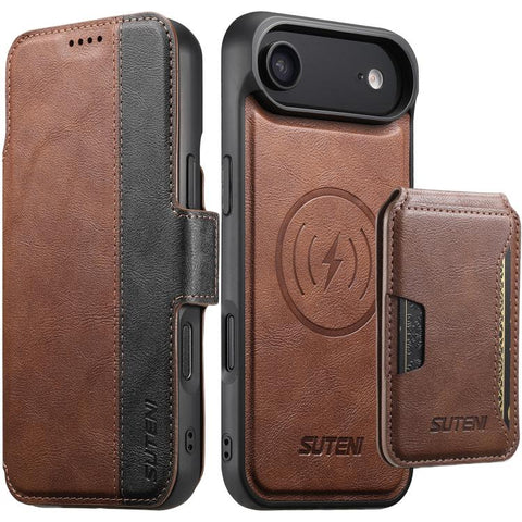 Suteni Q07S3 Left-Right Splicing Cowhide Pattern Flip Side Card Wallet Removable Magnetic Phone Case, For iPhone 18 Pro, For iPhone 18 Pro Max, For iPhone 17 Pro Max, For iPhone 17 Pro, For iPhone 17, For iPhone Air, For iPhone 16 Pro Max              ...