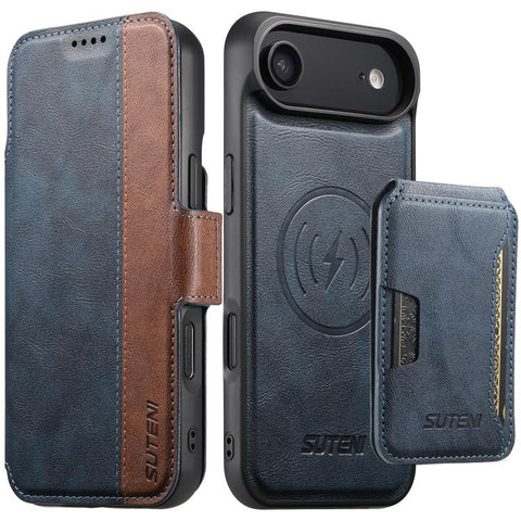 Suteni Q07S3 Left-Right Splicing Cowhide Pattern Flip Side Card Wallet Removable Magnetic Phone Case, For iPhone 18 Pro, For iPhone 18 Pro Max, For iPhone 17 Pro Max, For iPhone 17 Pro, For iPhone 17, For iPhone Air, For iPhone 16 Pro Max              ...
