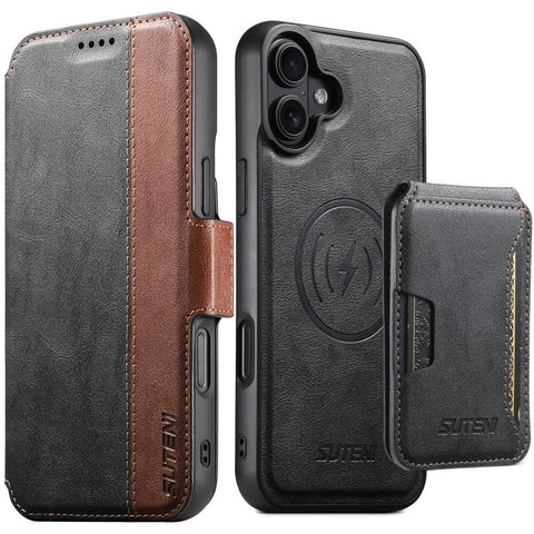 Suteni Q07S3 Left-Right Splicing Cowhide Pattern Flip Side Card Wallet Removable Magnetic Phone Case, For iPhone 18 Pro, For iPhone 18 Pro Max, For iPhone 17 Pro Max, For iPhone 17 Pro, For iPhone 17, For iPhone Air, For iPhone 16 Pro Max              ...