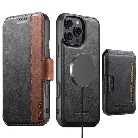 Suteni Q07S3 Left-Right Splicing Cowhide Pattern Flip Side Card Wallet Removable Magnetic Phone Case, For iPhone 14, For iPhone 14 Pro, For iPhone 14 Pro Max, For iPhone 13 Pro Max, For iPhone 13 Pro, For iPhone 13, For iPhone 12, For iPhone 12 Pro Max...