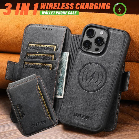 Suteni Q07S3 Left-Right Splicing Cowhide Pattern Flip Side Card Wallet Removable Magnetic Phone Case, For iPhone 14, For iPhone 14 Pro, For iPhone 14 Pro Max, For iPhone 13 Pro Max, For iPhone 13 Pro, For iPhone 13, For iPhone 12, For iPhone 12 Pro Max...