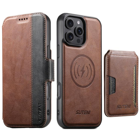 Suteni Q07S3 Left-Right Splicing Cowhide Pattern Flip Side Card Wallet Removable Magnetic Phone Case, For iPhone 14, For iPhone 14 Pro, For iPhone 14 Pro Max, For iPhone 13 Pro Max, For iPhone 13 Pro, For iPhone 13, For iPhone 12, For iPhone 12 Pro Max...
