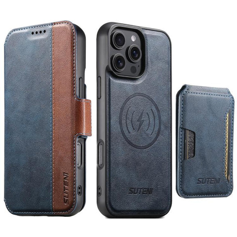 Suteni Q07S3 Left-Right Splicing Cowhide Pattern Flip Side Card Wallet Removable Magnetic Phone Case, For iPhone 14, For iPhone 14 Pro, For iPhone 14 Pro Max, For iPhone 13 Pro Max, For iPhone 13 Pro, For iPhone 13, For iPhone 12, For iPhone 12 Pro Max...