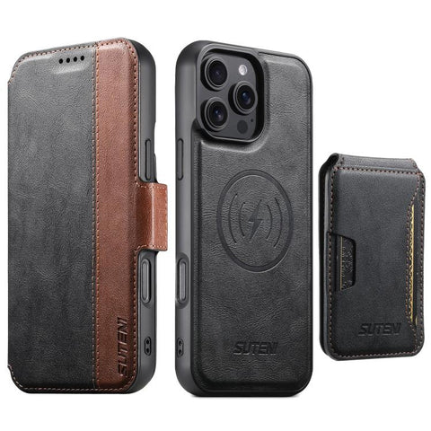 Suteni Q07S3 Left-Right Splicing Cowhide Pattern Flip Side Card Wallet Removable Magnetic Phone Case, For iPhone 14, For iPhone 14 Pro, For iPhone 14 Pro Max, For iPhone 13 Pro Max, For iPhone 13 Pro, For iPhone 13, For iPhone 12, For iPhone 12 Pro Max...
